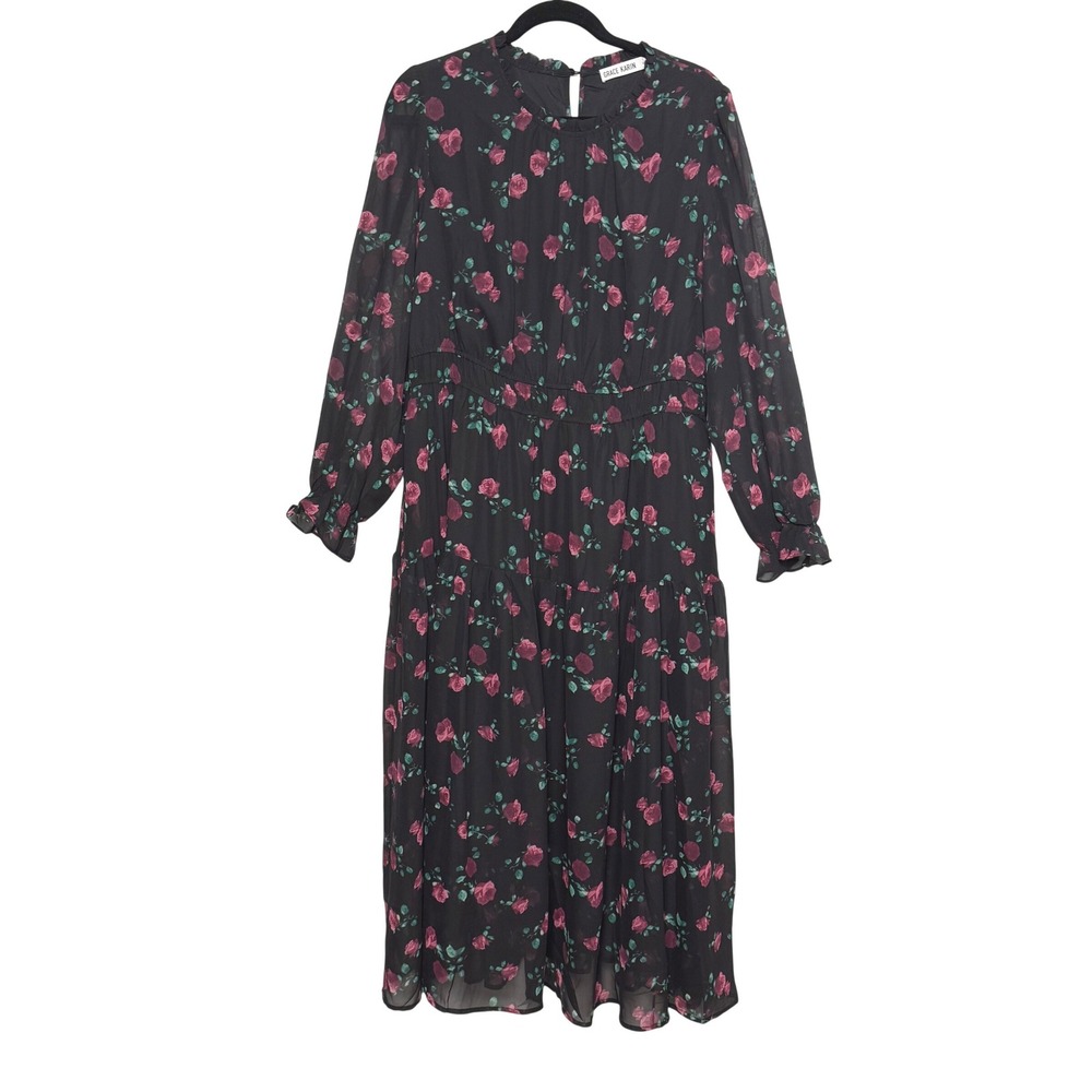 Grace Karin Black Floral Rose Chiffon Midi Dress XL Boho Pockets Elastic Waist